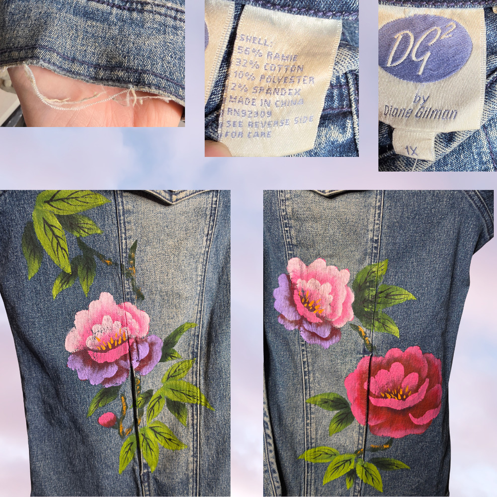 Vintage 1of1 Unique Hand Painted Roses Floral Pink Purple Peony Denim Jacket XL - Picture 6 of 6